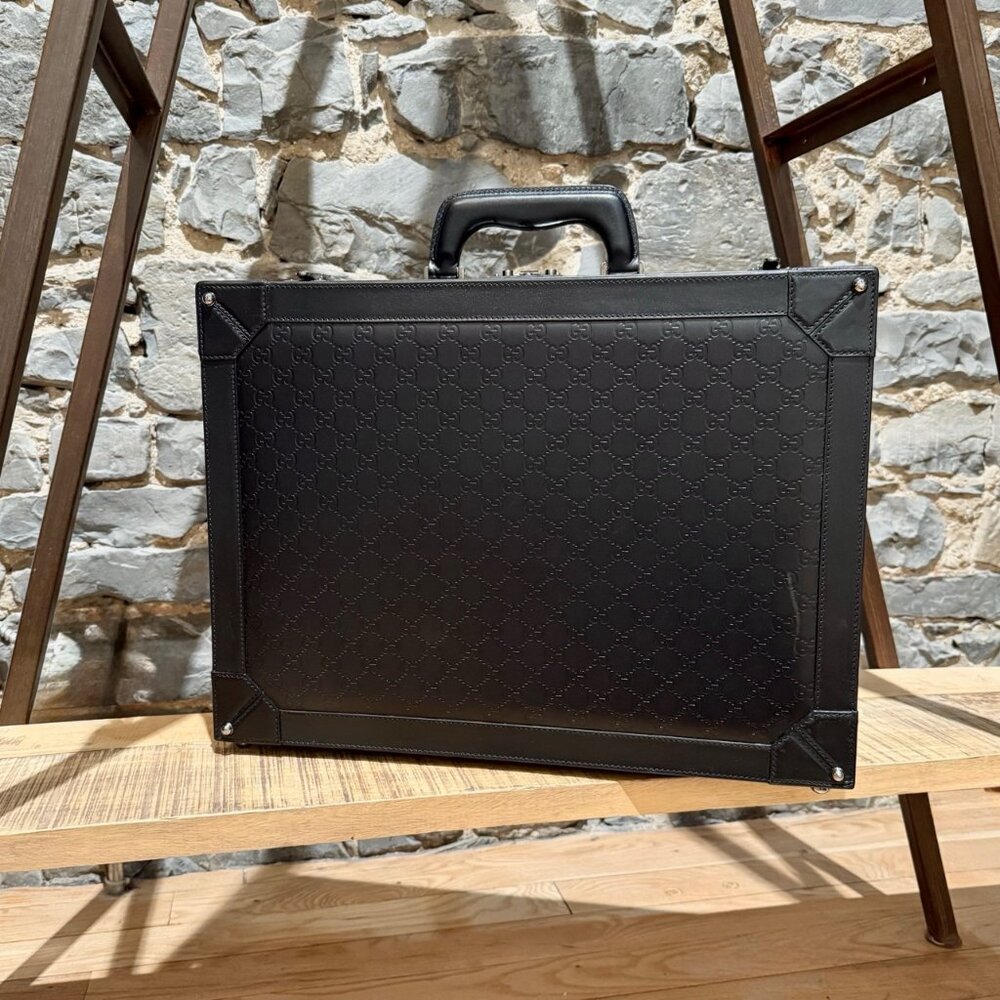 Gucci Black Leather Guccissima GG Embossed Trunk Suitcase